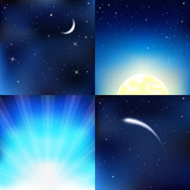 Céu azul escuro, com lua, estrelas e raios, ilustração