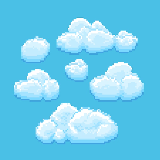 Céu com nuvens pixel art. cloudscape fundo para o jogo retro.