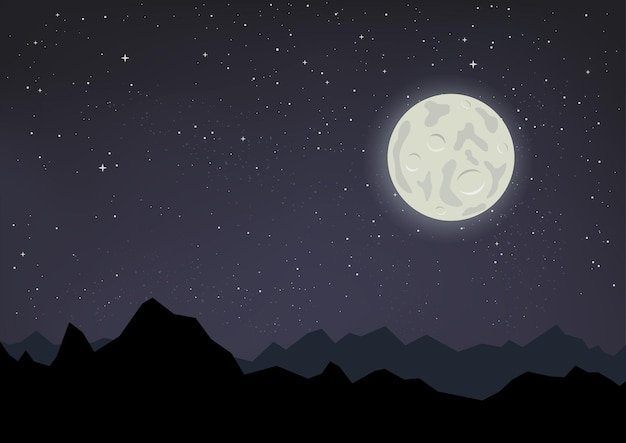 Céu noturno estrelado e montanhas à luz da lua
