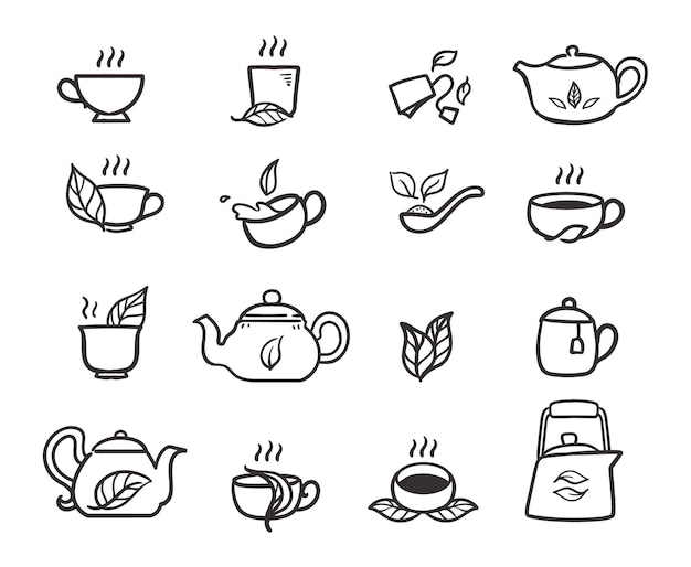 Chá com xícara e bule de chá doodle