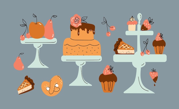 Chá da tarde Stand com bolos ícones de café de sobremesascartoon doodle estilo desenhado à mão