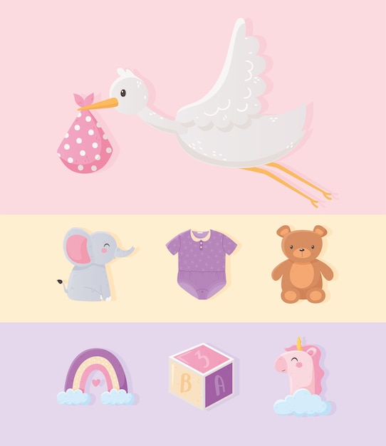 Chá de bebê, cegonha com cobertor, unicórnio urso arco-íris e elefante, ícones da coleção