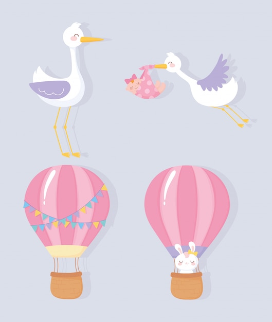 Chá de bebê, cegonha fofa menina coelho balão de ar quente bem-vindo ícones de celebração
