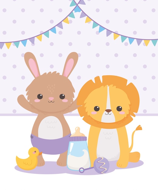 Chá de bebê, coelhinho leão com pato chocalho e garrafa de leite, festa de boas-vindas ao recém-nascido