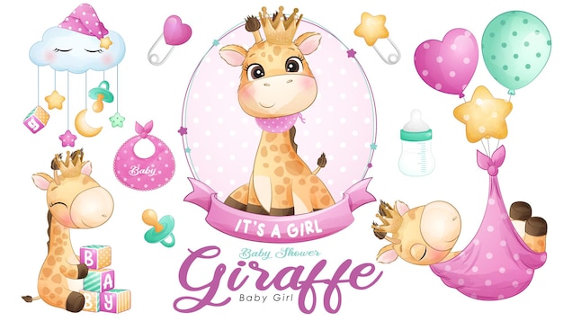 Chá de bebê fofo com girafa e conjunto de ilustração em aquarela