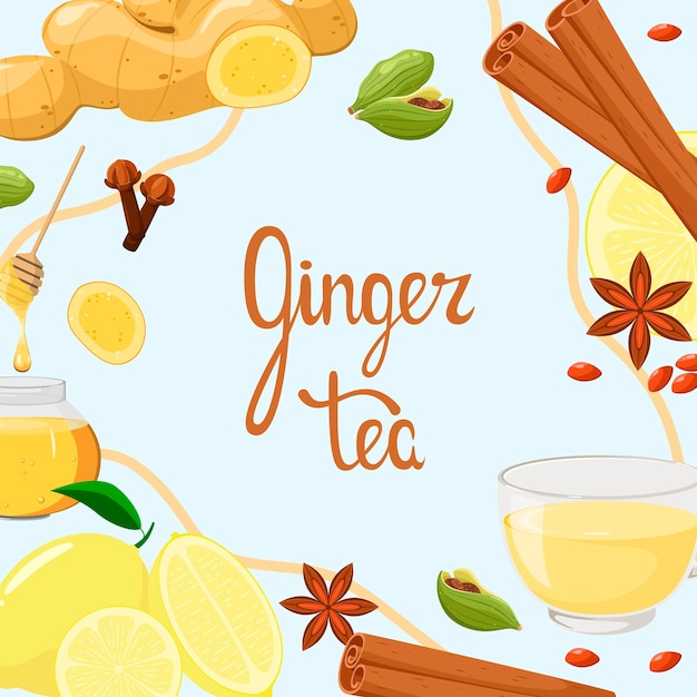 Chá de gengibre com ingredientes Cartaz em estilo cartoon