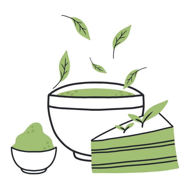 Vetor chá matcha caneca com matcha e folhas de chá verde ilustração vetorial chá verde natural