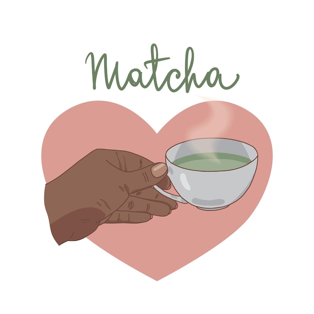 Chá matcha em uma xícara branca segurada por uma mão bebida quente com vapor no fundo de um coração rosa no estilo cartoon hora do jogo