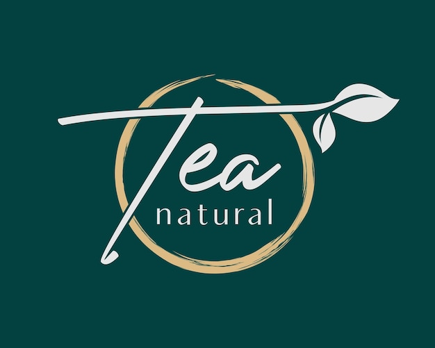 Vetor chá verde folha natural aroma orgânico relaxe círculo pincel pincelada tipografia vector design logo