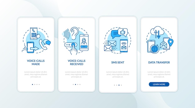 Chamadas de voz e serviços de sms onboarding tela da página do aplicativo móvel com conceitos. transferência de dados, roaming passo a passo 4 etapas de instruções gráficas. modelo de vetor de interface do usuário com ilustrações coloridas rgb