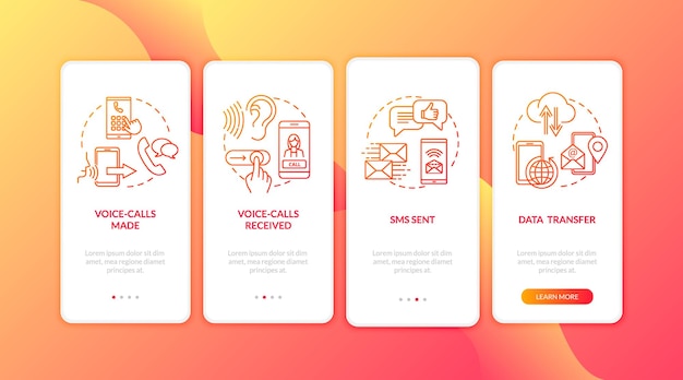 Vetor chamadas e mensagens em roaming na tela da página do aplicativo móvel com conceitos. transferência de dados, serviço móvel passo a passo 4 etapas de instruções gráficas. modelo de vetor de interface do usuário com ilustrações coloridas rgb