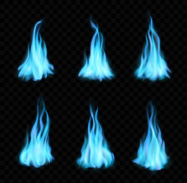 Chamas azuis queimando gás natural, fogueira, fogo realista com línguas compridas. efeito 3d de chamas de vetor, elementos de design de sinalização brilhante, conjunto de ignição de inferno mágico isolado no fundo preto