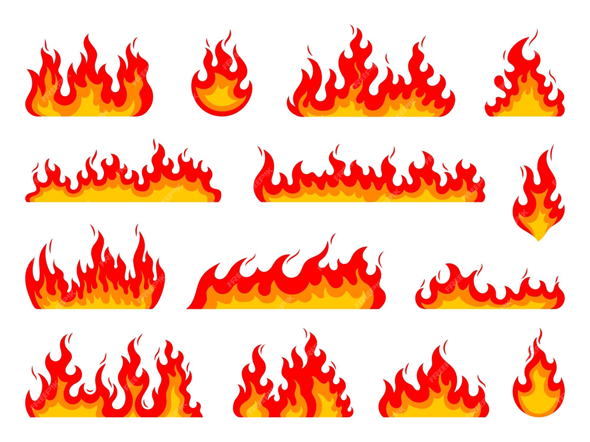 Chamas de fogo dos desenhos animados fogo de fogueira e conjunto de ícones  de vetor de bolas de fogo em chamas chamas vermelhas de fogo de fogueira  firewall ou queima de símbolos