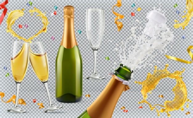 Vetor champanhe. copos, garrafa, splash. conjunto realista 3d