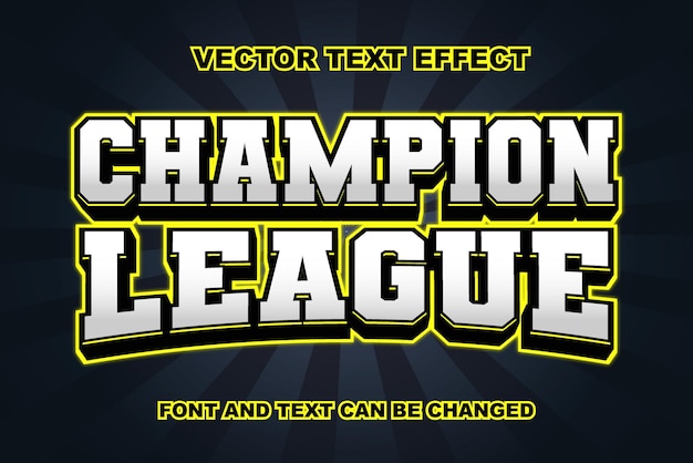 Vetor champion league 3d e esporte branco amarelo modelo de estilo de fonte de efeito de texto editável