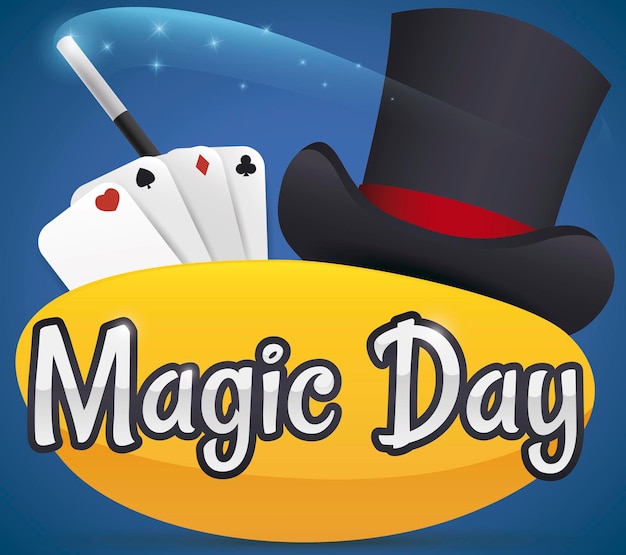 Chapéu alto jogando cartas varinha mágica e sinal dourado para o Dia da Magia