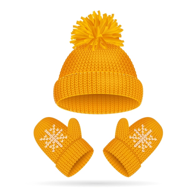 Vetor chapéu amarelo com um conjunto de pompom e luva ilustração vetorial de acessórios de inverno sazonais de malha