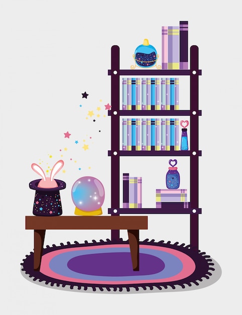 Chapéu com coelho e livros de magia com bola de cristal