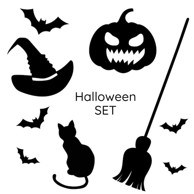 Chapéu de abóbora de halloween de silhueta e morcegos de vassoura e gato Halloween Witch Atributos ilustração vetorial