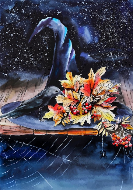 Chapéu de bruxa ilustração de livro em aquarela céu noturno helloween folhas de outono rowan berry ramo