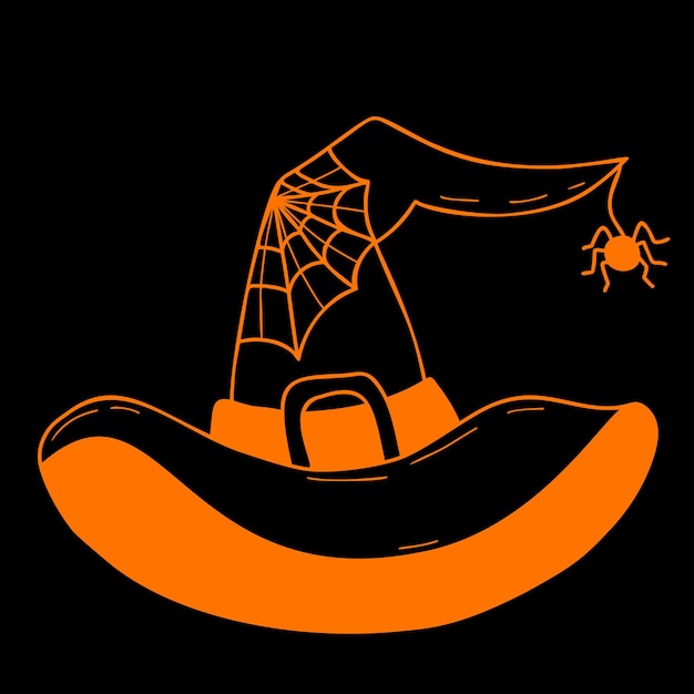 Chapéu de bruxa mágica chapéu de feitiçaria com teia de aranha e aranha feriado de halloween vector desenho à mão em doodle