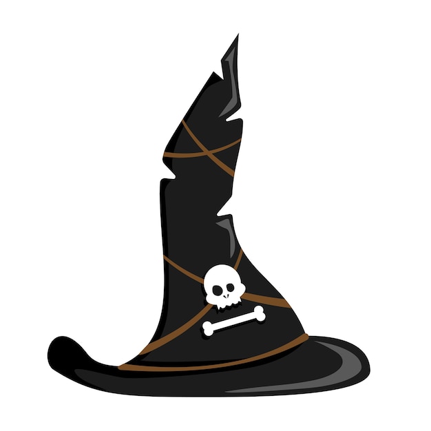 Chapéu de bruxa preto com alças de couro no crânio e osso