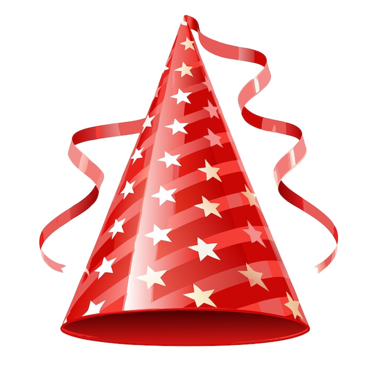 Vetor chapéu de cone de festa vermelho com fitas e estrelas brancas
