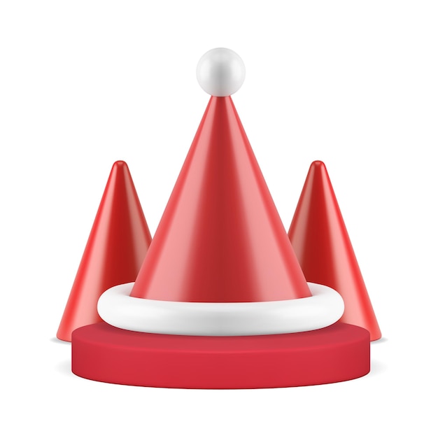 Chapéu de cone de papai noel no vetor de ícone geométrico minimalista da árvore de natal 3d do pedestal vermelho