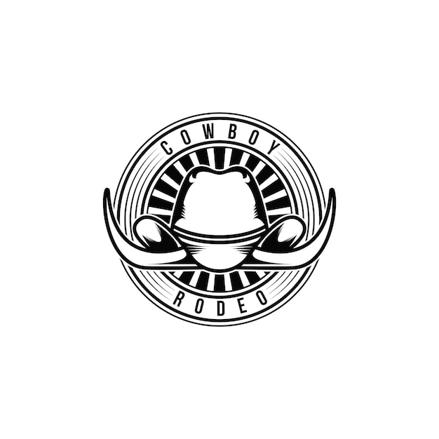 Chapéu de cowboy rodeo e design de logotipo de chifre estilo retro vintage