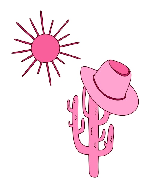 Vetor chapéu de cowgirl no cactus e sol t-shirt ou design de cartaz do oeste selvagem em cor rosa