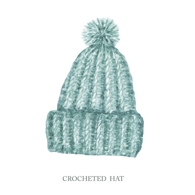 Chapéu de crochê estilo escandinavo. Mão em aquarela pintada boné de roupas de tricô inverno bonito com pompon. Coleção de acessórios na moda quente isolada. Chapéu de lã desenhado mão com um pompom fofo