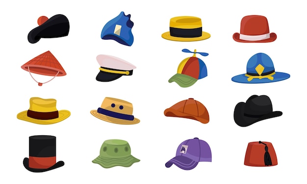 Vetor chapéu de desenho animado coleção de moda cabeça desgaste cilindro de palha panamá ou chapéu de roupas de boné