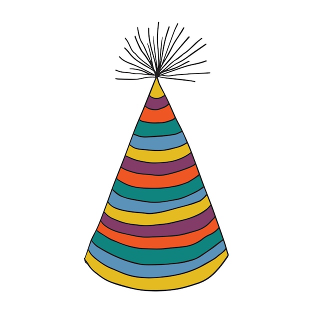 Chapéu de festa de aniversário listrado de doodle bonito isolado no fundo branco