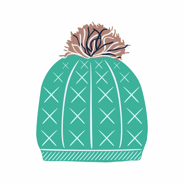 Chapéu de lã verde com pompon em ilustração vetorial de estilo plano