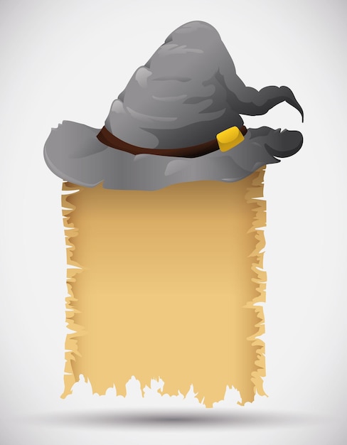 Chapéu de mago cinza com ilustração vetorial de modelo de rolagem de feitiço