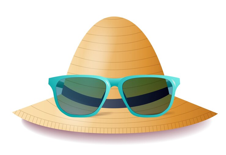 Vetor chapéu de palha com óculos de sol azuis praia de verão acessório de moda viagem de férias design