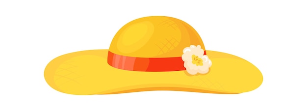 Chapéu de palha de desenho animado. chapéu de sol amarelo, roupas femininas elegantes, ilustração vetorial isolada no fundo branco