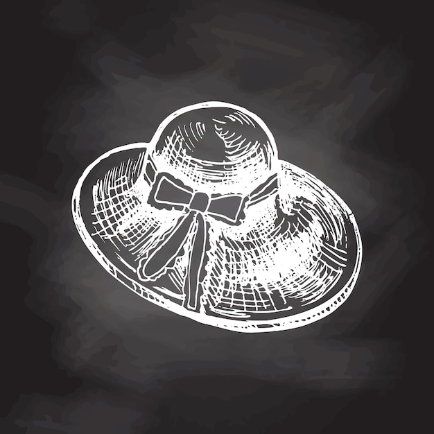 Vetor chapéu de palha de vime desenhado à mão isolado no fundo do quadro-negro