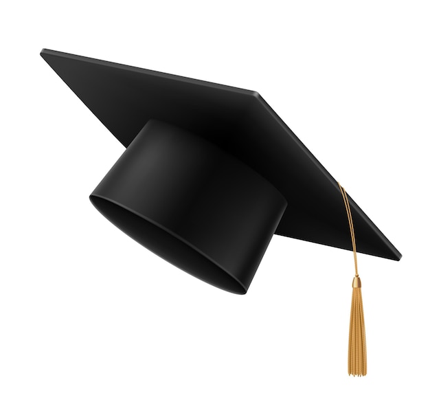 Chapéu de pós-graduação de estudante com borla, chapéu de estudante universitário ou universidade isolada, diploma de educação de vetor. Chapéu preto de mortarboard para cerimônia de formatura com borla e cordão de ouro, tampa em 3D do vestido acadêmico