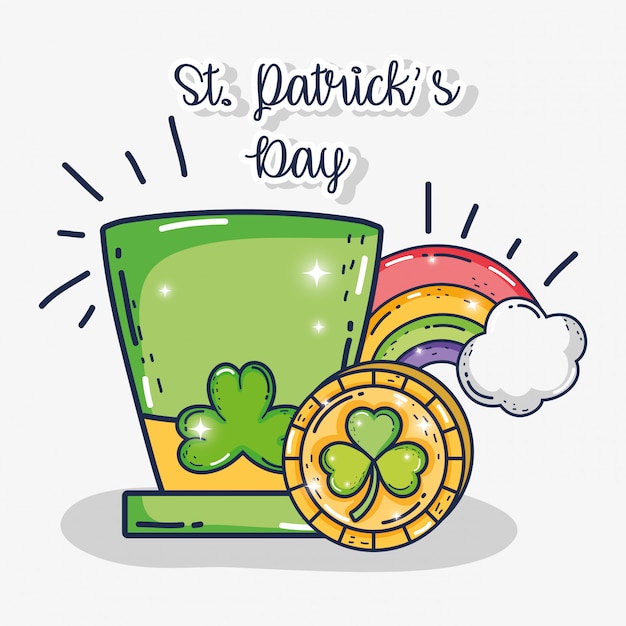 Vetor chapéu de st patrick com moeda de ouro e arco-íris