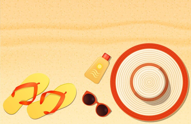 Vetor chapéu de verão óculos de sol proteção solar chinelos na areia vista superior conceito de férias na praia