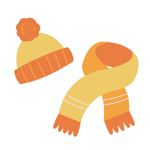 Vetor chapéu e cachecol amarelo alaranjado acessórios quentes para o inverno ilustração vetorial de roupas isolada