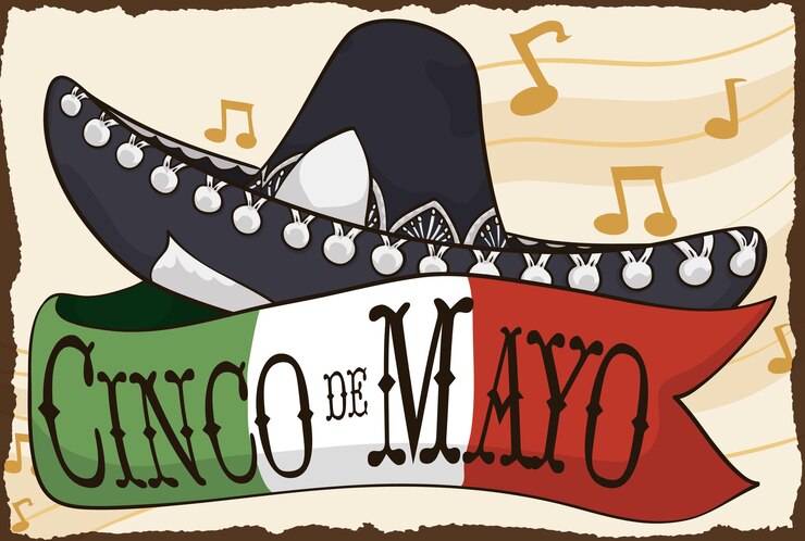 Vetor chapéu mariachi e fita com as cores da bandeira mexicana para cinco de mayo escritos em espanhol