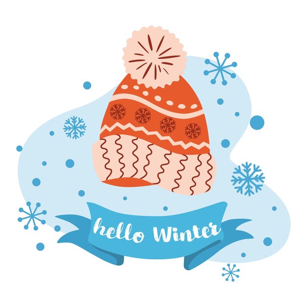 Vetor chapéu vermelho de lã tricotado para crianças cartão de temporada de inverno ilustração vetorial de boné de snowboard de esqui