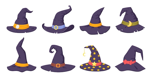 Chapéus assustadores de feiticeiros Chapéus de bruxas de Halloween Elementos de trajes de festa de Halloween Ilustrações vetoriais planas Colecção de chapéus de feitiçaria de desenhos animados