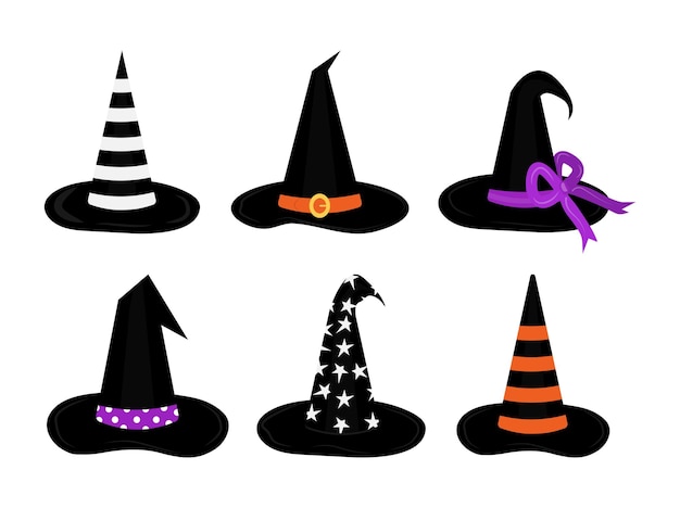Chapéus de bruxa conjunto plano de ilustrações