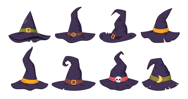 Chapéus de bruxa de Halloween Cartoon wizard chapéus decorados assustadores elementos de trajes de festa de Halloween ilustrações vetoriais planas conjunto chapéus de feitiçaria coleção