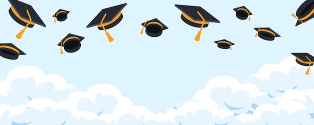 Vetor chapéus de graduados pretos no céu parabéns aos graduados da turma de graduação de 2024