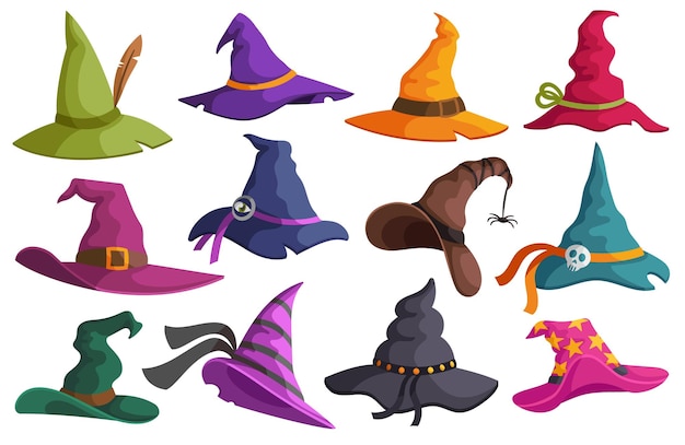 Chapéus de halloween chapéu de bruxa chapéu feiticeira de férias de outono ou conjunto de ilustração vetorial de desenho de chapéu de feiticeiro mágico