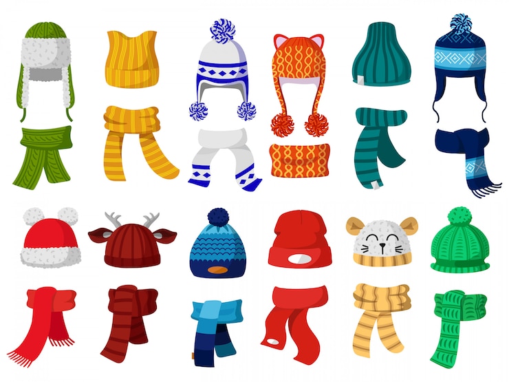 Vetor chapéus de inverno. crianças de tricô outono chapelaria, chapéus e cachecol, tempo frio crianças acessórios ilustração ícones conjunto. cachecol de malha infantil, acessório para a cabeça, roupa infantil de outono